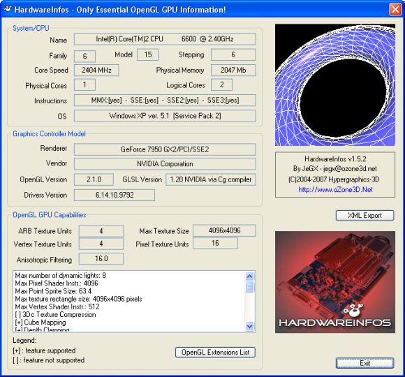 HardwareInfos - OpenGL - GLSL - VBO - FBO - DOT3