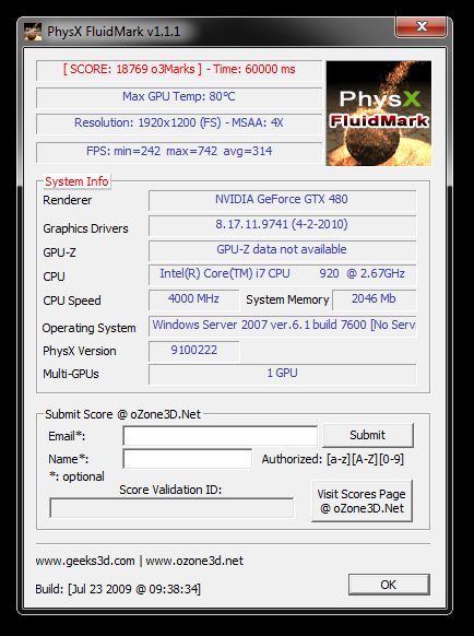FluidMark score for of a GeForce GTX 480