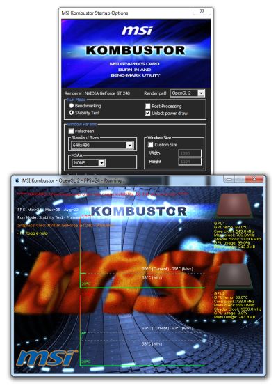 how to stress test gpu using msi kombustor