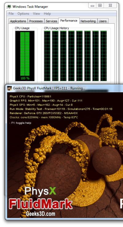 PhysX FluidMark: 8-core CPU and 100% CPU usage