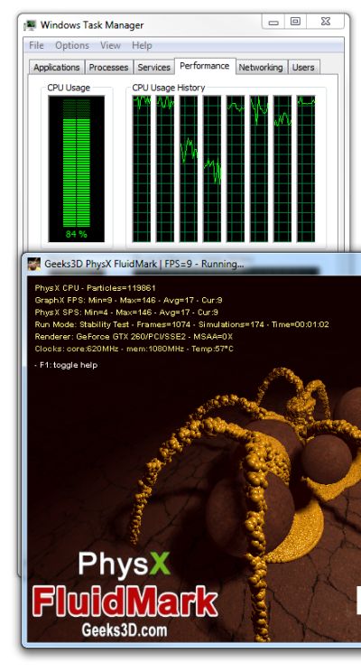 PhysX FluidMark: 8-core CPU and CPU usage
