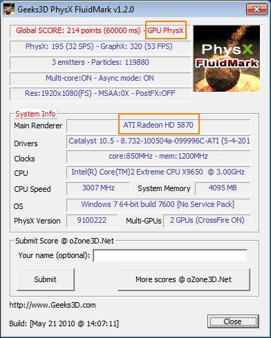 PhysX FluidMark 1.2.0 score - 60k particles - HD 5870 and GTX 480