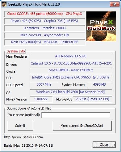 PhysX FluidMark 1.2.0 score - 60k particles - HD 5870 and GTX 480