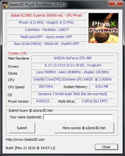 PhysX FluidMark - GTX480 + GT240 score