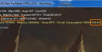 FurMark and an overclocked GTX 480: 108 amperes