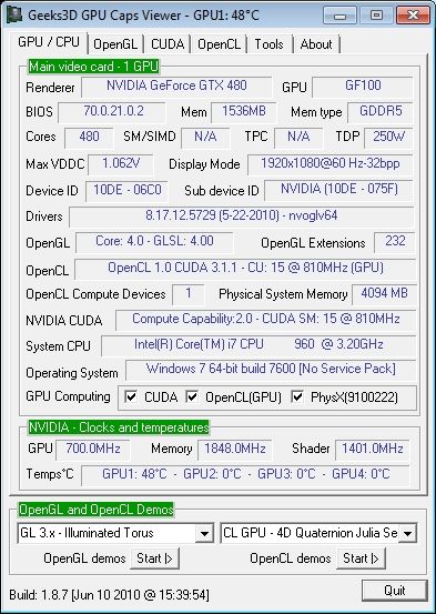 NVIDIA R257.29 + GPU Caps Viewer + GTX 480