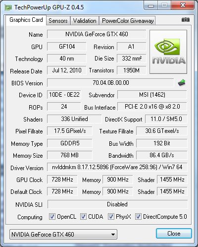 MSI N460GTX Cyclone + GPU-Z
