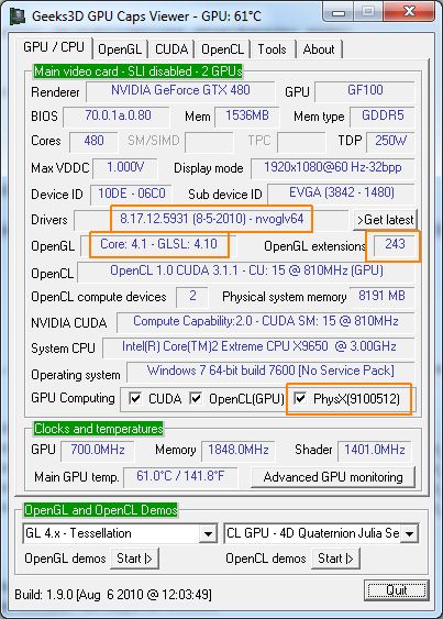 GPU Caps Viewer + GTX 480 + R259.31