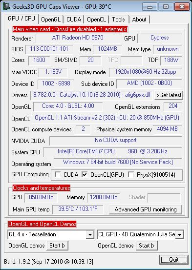GPU Caps Viewer + Cat 10.10 + Radeon HD 5870