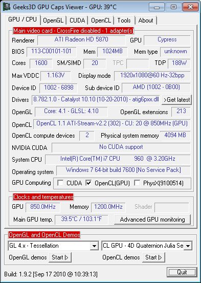 GPU Caps Viewer + Cat 10.10 + Radeon HD 5870