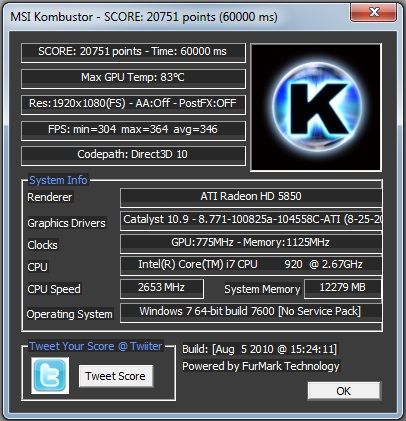 Radeon HD 5850 score in MSI Kombustor