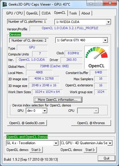 GPU Caps Viewer - OpenCL panel