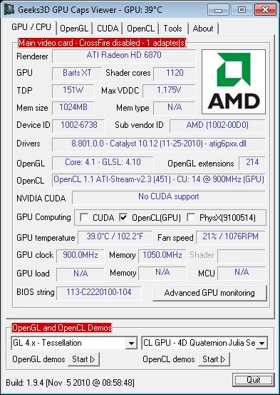 GPU Caps Viewer 1.9.4 + Catalyst 10.12 + Radeon HD 6870