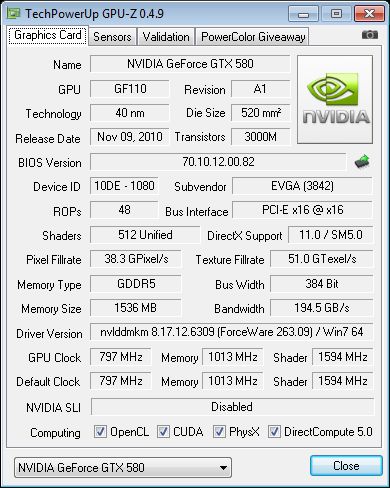 EVGA GeForce GTX 580 SC, GPU-Z