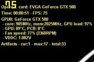EVGA GeForce GTX 580 SC, artifacts detection with OC Scanner