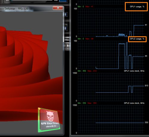 ASUS Radeon HD 6950 + Zotac GeForce GT 240, OpenCL surface deformer demo