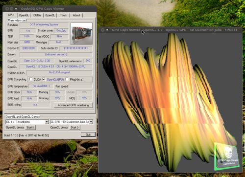 GPU Caps Viewer, OpenCL Julia4D, Linux and Wine