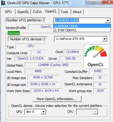 GPU Caps Viewer, OpenCL platforms, NVIDIA and Intel