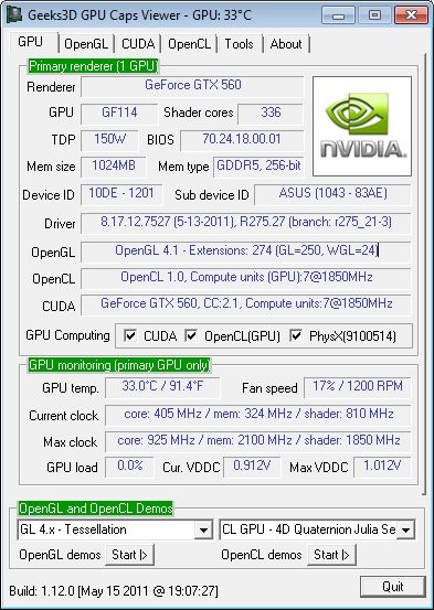 ASUS GTX 560 DC2 TOP + GPU Caps Viewer + R275.27