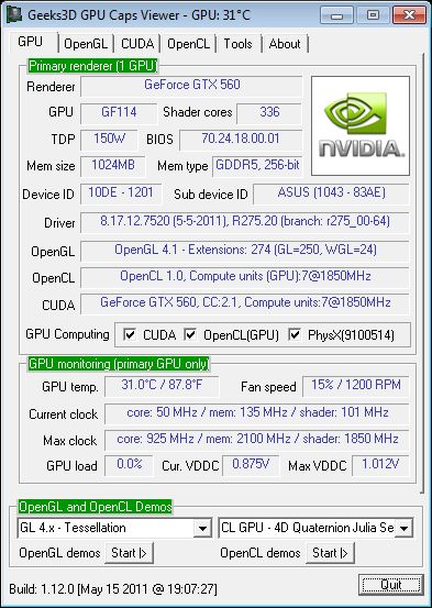 ASUS GTX 560 DC2 TOP + GPU Caps Viewer