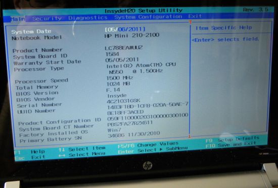 HP Mini 210-2100 Netbook, Insyde H20 BIOS