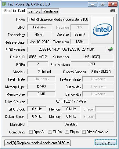 HP Mini 210-2100 Netbook, GPU-Z