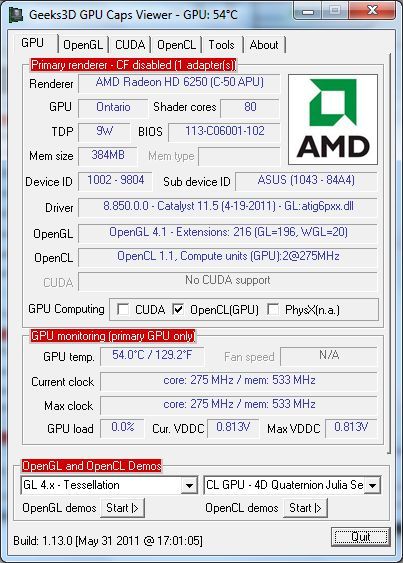 ASUS EeePC 1215B Netbook - GPU Caps Viewer