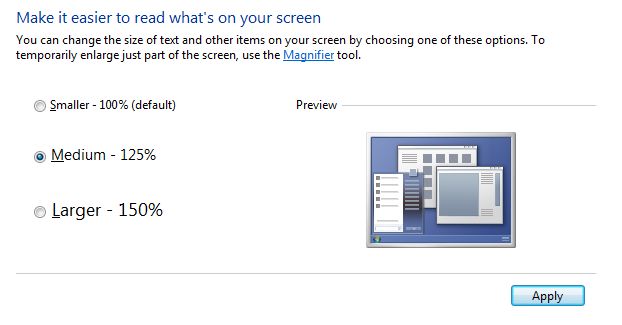 Win7 control panel - text size