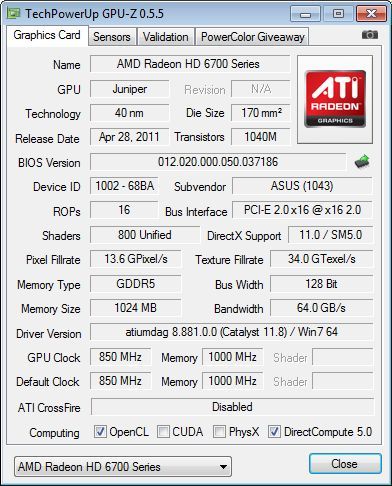 ASUS Radeon HD 6770 DirectCU Silent, GPU-Z details