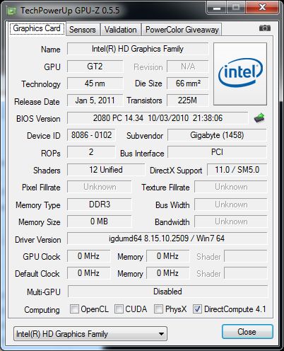 GPU-Z 0.5.5, Intel Core i5 / HD 2000 GPU, GPU Caps Viewer, OpenGL support