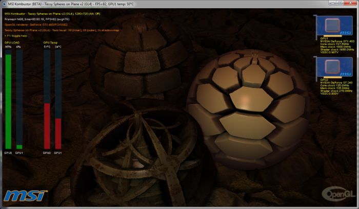 MSI Kombustor 2.2.0, Tessy Spheres on Plane, OpenGL 4 benchmark
