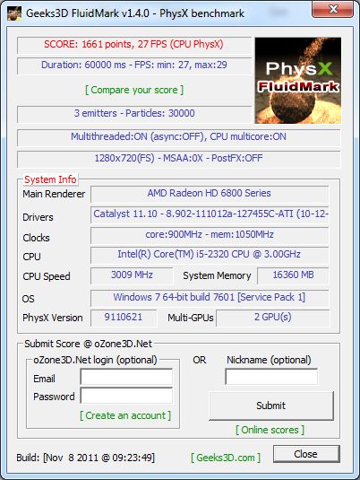 FluidMark 1.4.0 PhysX Benchmark, score box