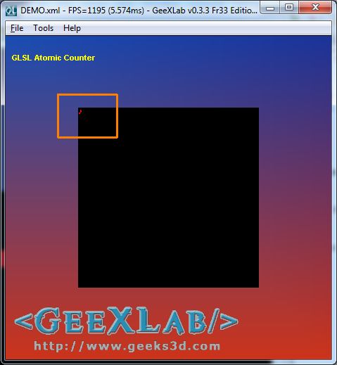GeeXLab, Atomic Counter demo on GeForce GTX 460