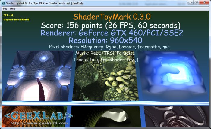 ShaderToyMark 0.3.0 OpenGL Pixel Shader Benchmark, GeeXLab