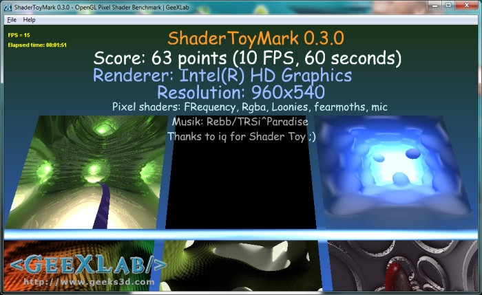 ShaderToyMark 0.3.0 OpenGL Pixel Shader Benchmark running on Intel HD Graphics