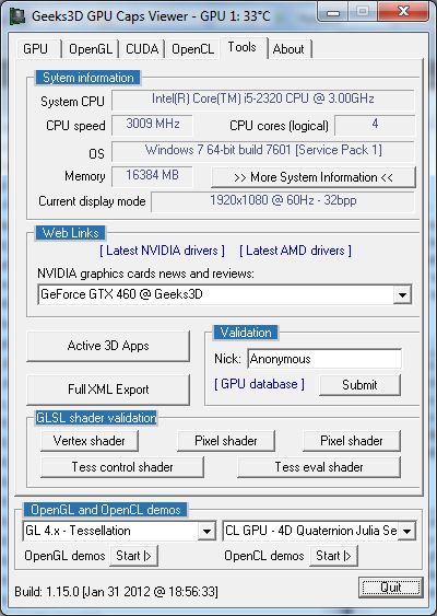 GPU Caps Viewer 1.15.0, GLSL shader validation utility
