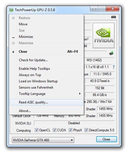 GPU-Z 0.5.8, Read ASIC quality menu