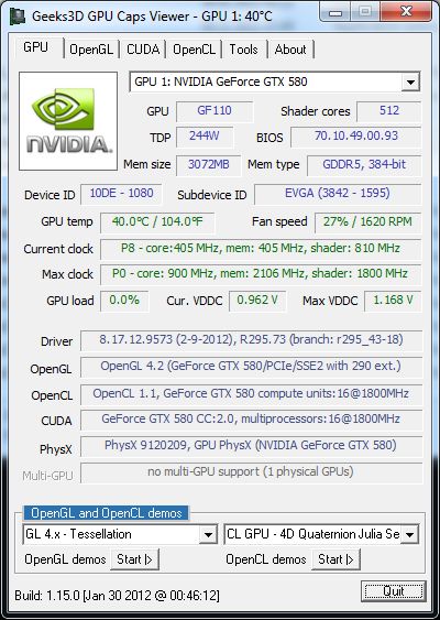 GPU Caps Viewer 1.15.0, R295.73 and GeForce GTX 580