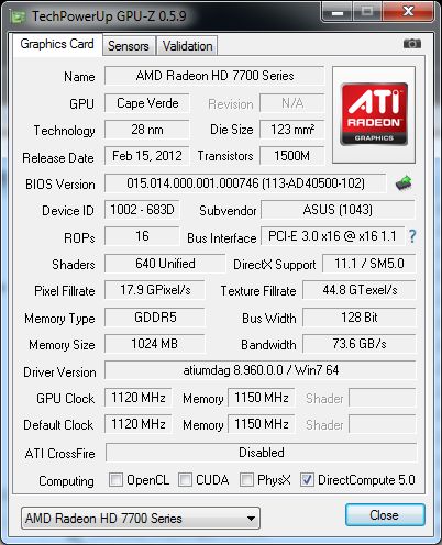 ASUS Radeon HD 7770 DirectCU, GPU-Z details
