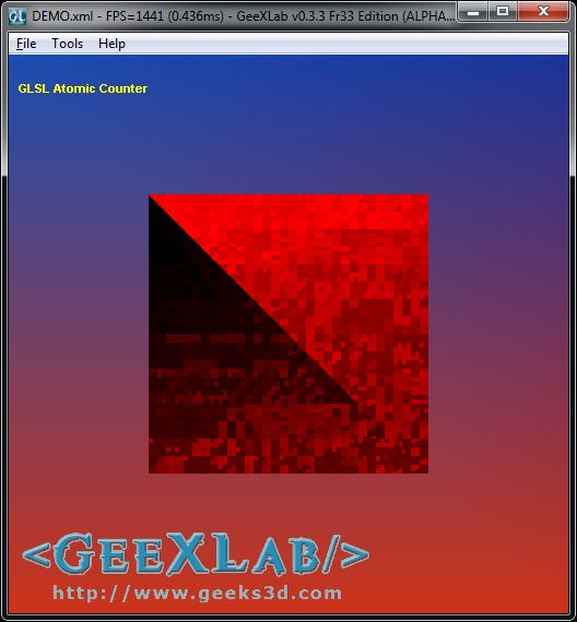 GeeXLab, Atomic Counter demo on Radeon HD 7770