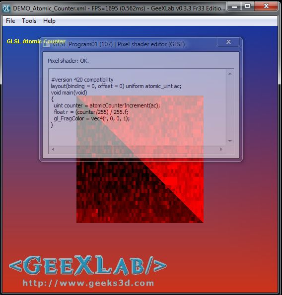 GeeXLab, OpenGL 4.2 demo: atomic counter, live coding