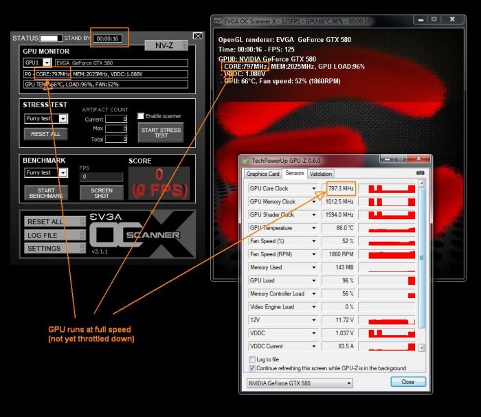 EVGA OC Scanner X + GPU-Z + GeForce GTX 580, GPU runs at full speed