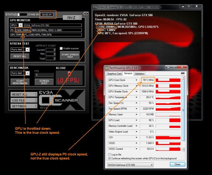 EVGA OC Scanner X + GPU-Z + GeForce GTX 580, GPU is throttled down