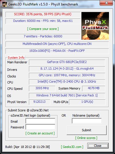 PhysX test - FluidMark score, GTX 680