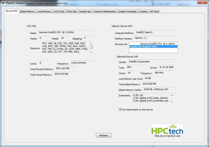 Intel Ivy Bridge HD 4000 - GPCBenchmarkOCL OpenCL test