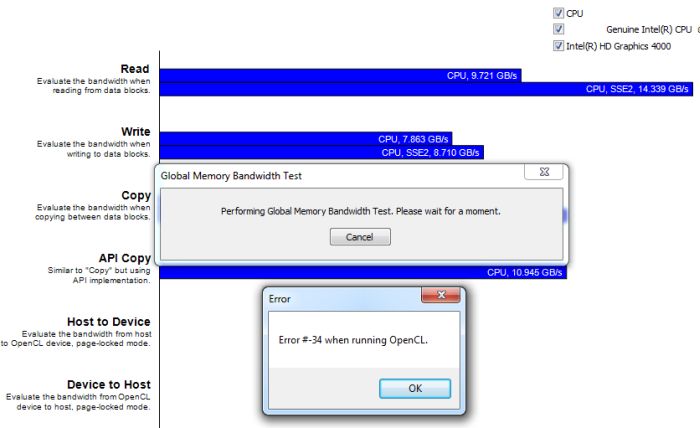 Intel Ivy Bridge HD 4000 - GPCBenchmarkOCL OpenCL test
