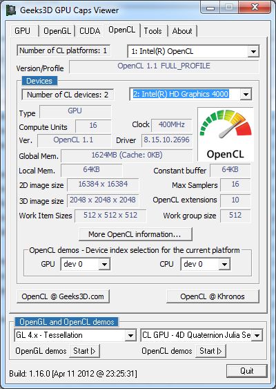 GPU Caps Viewer, OpenCL API support for Intel Ivy Bridge