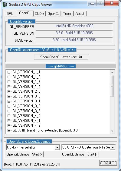 Intel, Ivy Bridge HD 4000 OpenGL support in GPU Caps Viewer