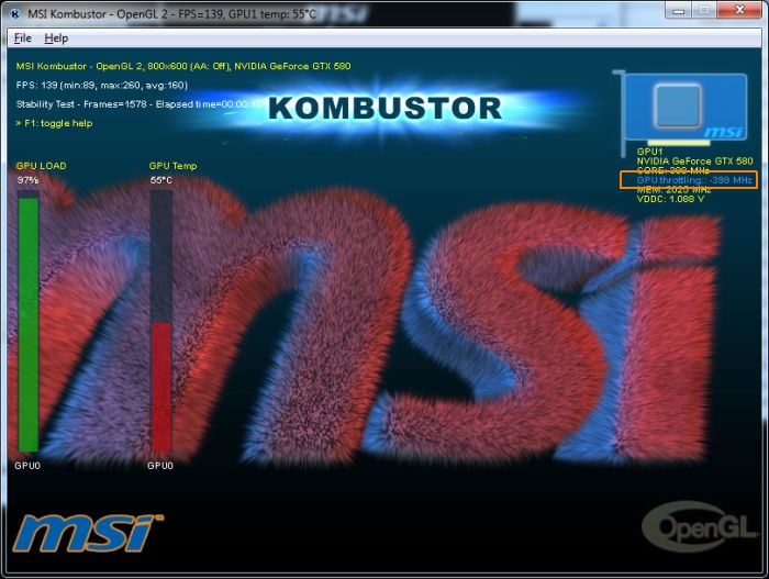 MSI Kombustor + GeForce GTX 580, GPU is throttled down