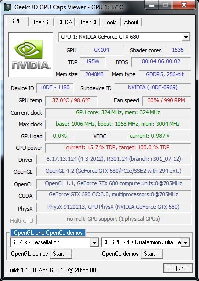 R301.24 + GeForce GTX 680 + GPU Caps Viewer 1.16.0